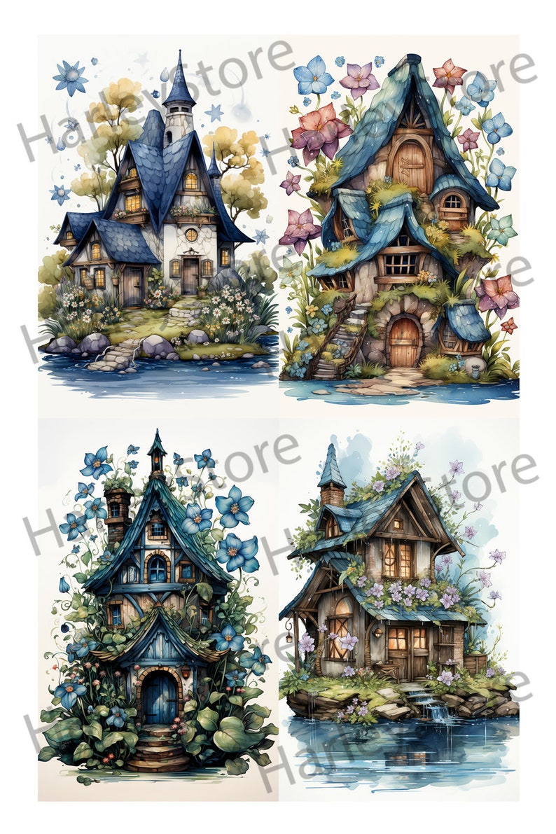 Fairy House Ephemera Junk Journal Watercolor Clipart 20 JPG Elements Commercial License Printable Digital Download Card Roses Flowers A06 image 2