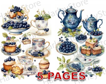 Blueberry and Cake Printable Ephemera Watercolor JPG Elements Commercial License Junk Journal Digital Download Birthday Berry A84