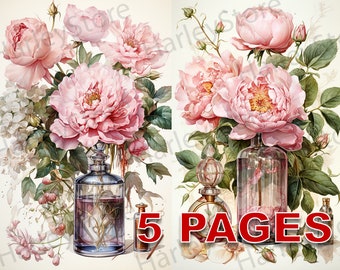 Shabby Chic Perfume Bottles Flower Printable Ephemera Watercolor 20 JPG Elements Commercial License Junk Journal Digital Download A21