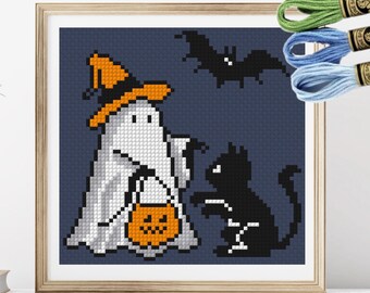 Uroczy duch halloweenowy z kotem, wzór haftu krzyżykowego, tabela do natychmiastowego pobrania w formacie PDF