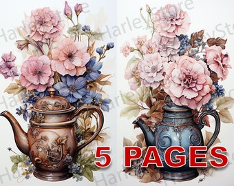 Teapot and Flowers ALICE in Wonderland Junk Journal Ephemera Printable Clipart 20 JPG Elements Commercial License Digital Download Art A23