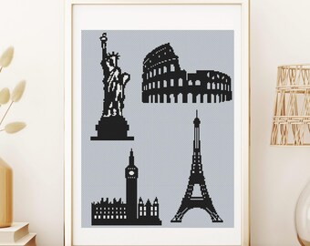 World Sehenswuerdigkeiten Kreuzstich Muster PDF Instant Download Eiffelturm Paris, Rom Colosseum, Big Ben London, Statue of Liberty USA