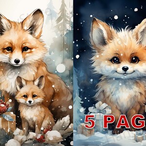 Carte de Noël renards mignons éphémères Junk Journal aquarelle Clipart 20JPG éléments licence commerciale imprimable téléchargement numérique carte postale C12