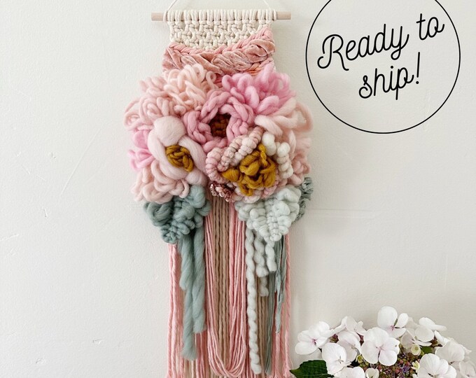 Blush Pink & Seafoam Green Macrame Flower Wall Hanging, Statement Piece