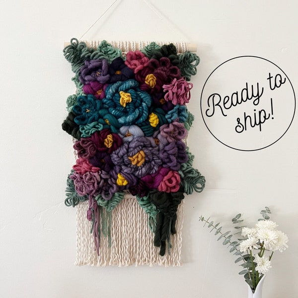 Purple & Teal Floral Macrame Wall Hanging, flower fiber art, statement piece, plum nursery decor, woven tapestry, baby shower gift, panel
