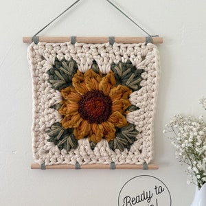Sunflower Embroidered Floral Granny Square Wall Hanging, flower fiber art, crochet decor, yellow, green, Mother’s Day gift, baby shower