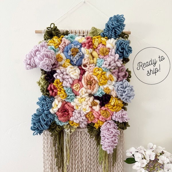 Colorful Spring Floral Macrame Wall Hanging, flower fiber art, statement piece, nursery decor, woven tapestry, baby shower gift, wildflowers