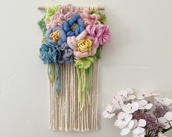 Pastel Pink, Blue & Lime Green Macrame Floral Bouquet Wall Hanging, girl nursery decor, forever flowers, baby shower gift, spring art