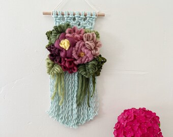 Mulberry, Forest Green & Mint Macrame Floral Bouquet Wall Hanging, girl nursery decor, forever flowers, baby shower gift, spring art