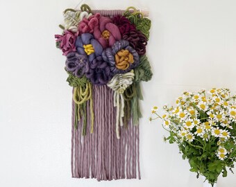 Purple, Plum & Green Floral Macrame Wall Hanging, gallery piece, nursery decor, woven flower art, gift for women, jewel tones, condolence