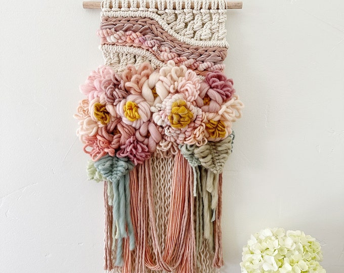 Image showcasing Blush Pink & Sage Green Macrame Flower Wall Hanging, Statement Piece ...