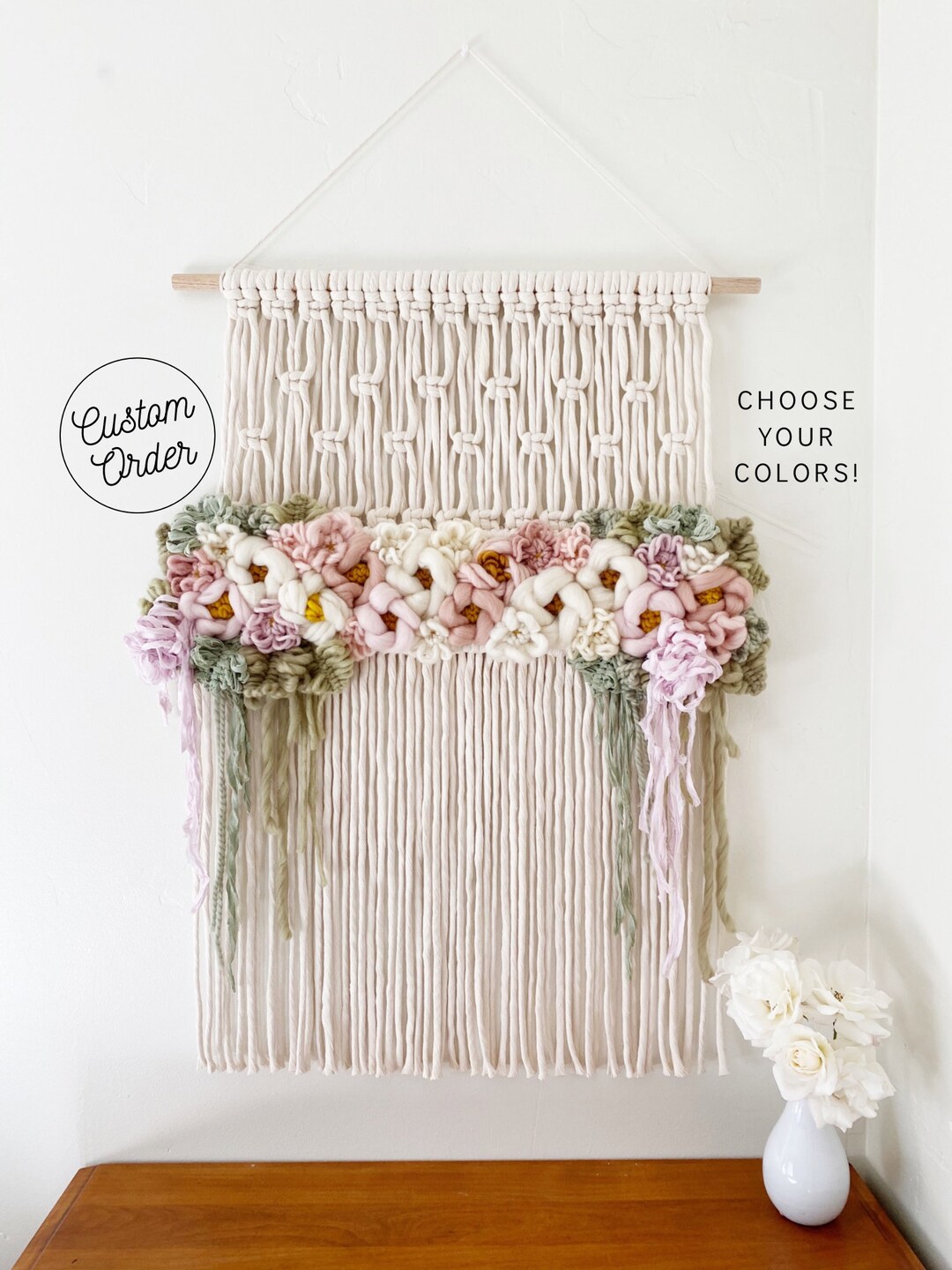 CUSTOM Floral Macrame Wall Hanging Choose Your Colors 2' DOWEL Nursery