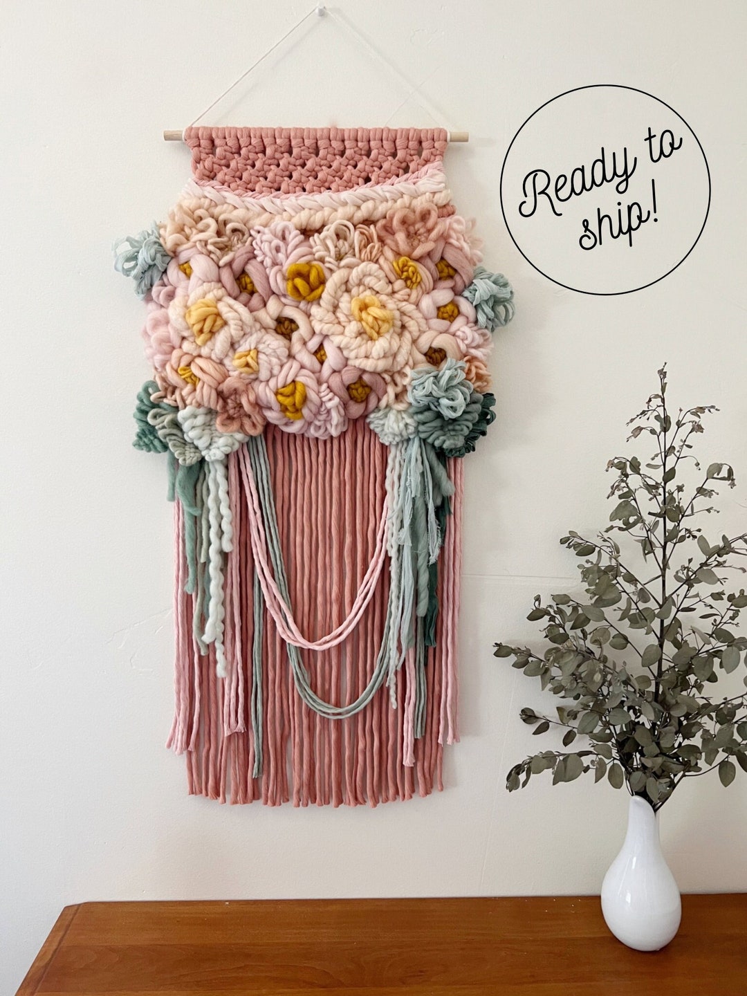 Blush Pink & Seafoam Green Macrame Flower Wall Hanging, Statement Piece