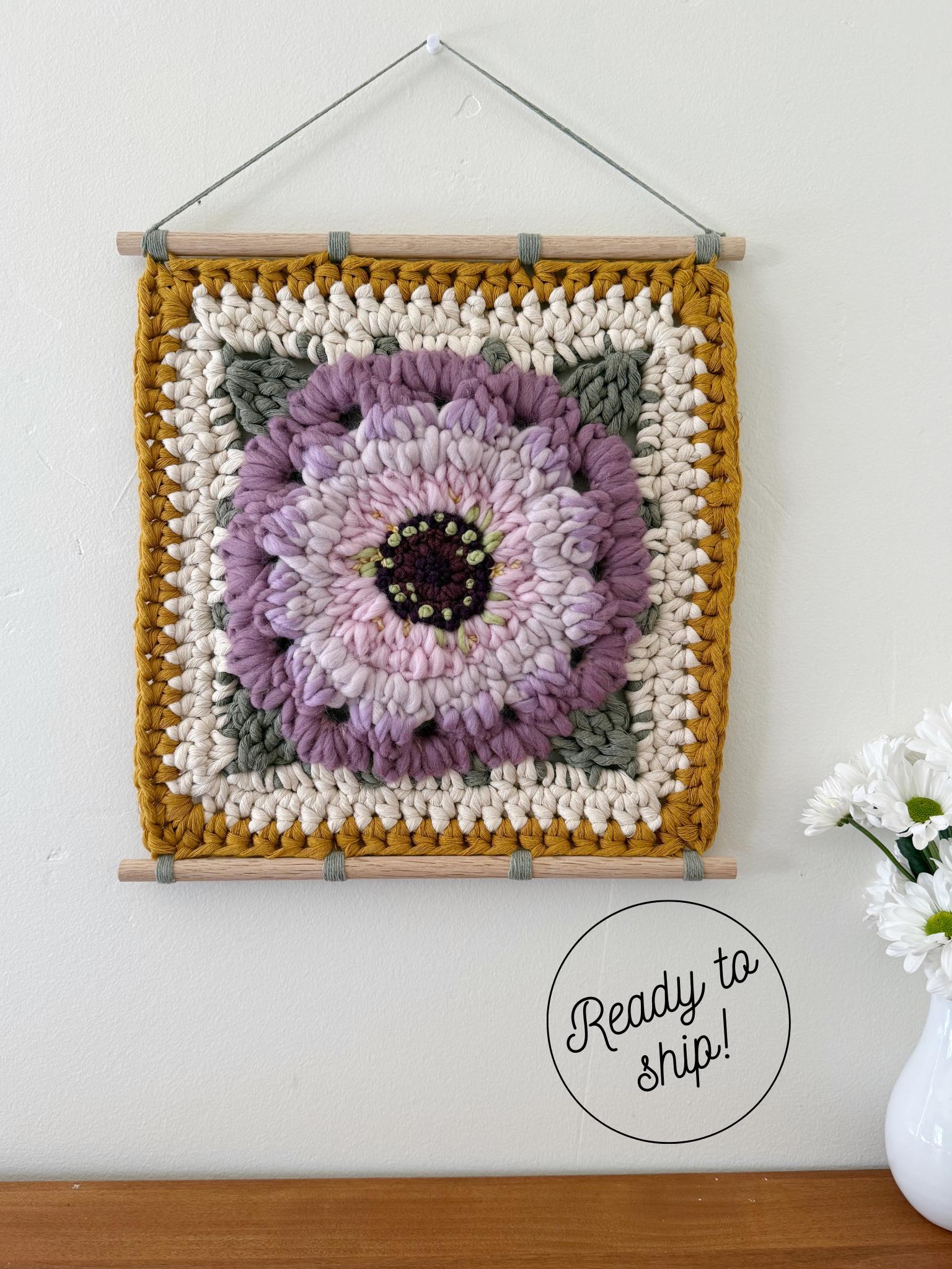 Embroidered Zinnia Granny Square Wall Hanging Crochet Pattern