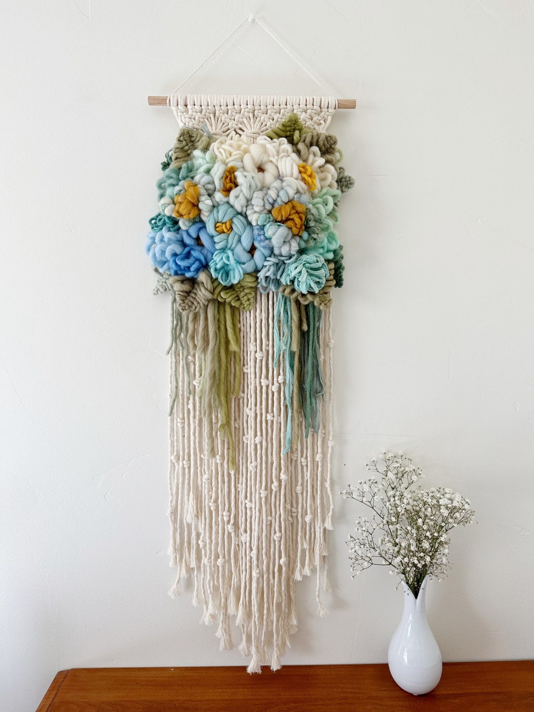 Turquoise & Blue Floral Macrame Wall Hanging Living Room Etsy