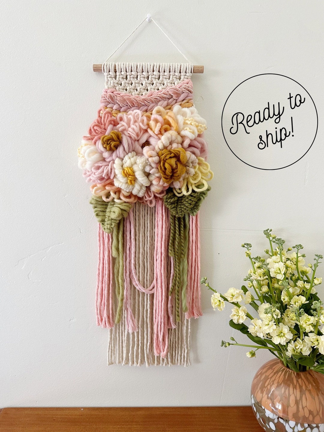 Blush Pink & Yellow Macrame Flower Wall Hanging, Statement Piece