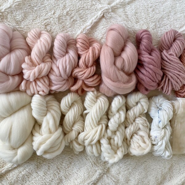 Erröten rosa & weiß Faser Pack - Vielzahl von Wollgarne, Roving, Seidenband, samt, Baumwoll-String - Weben Starter Kit, Garn Sampler
