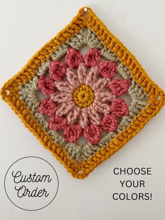 CUSTOM Floral Granny Square Trivet - design your custom wool flower trivet, choose your colors - 11”x11” - Crocheted flower table decor