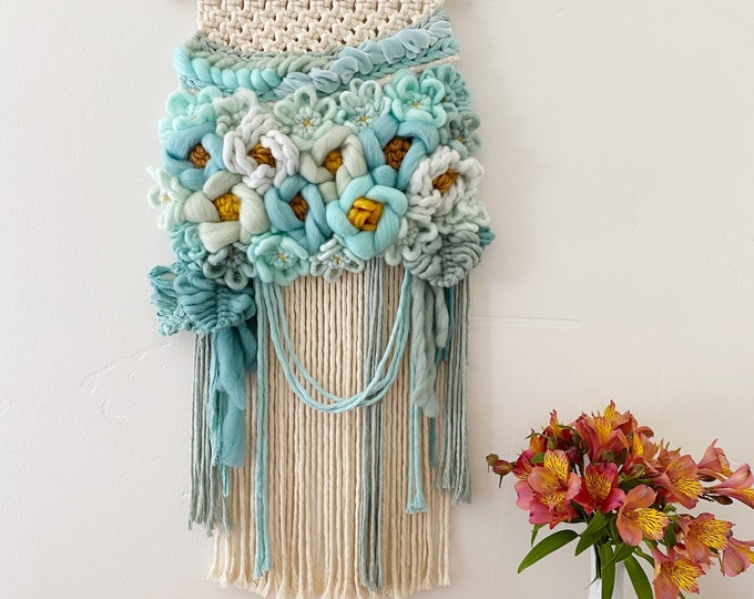 Turquoise & Blue Floral Macrame Wall Hanging, Statement Piece