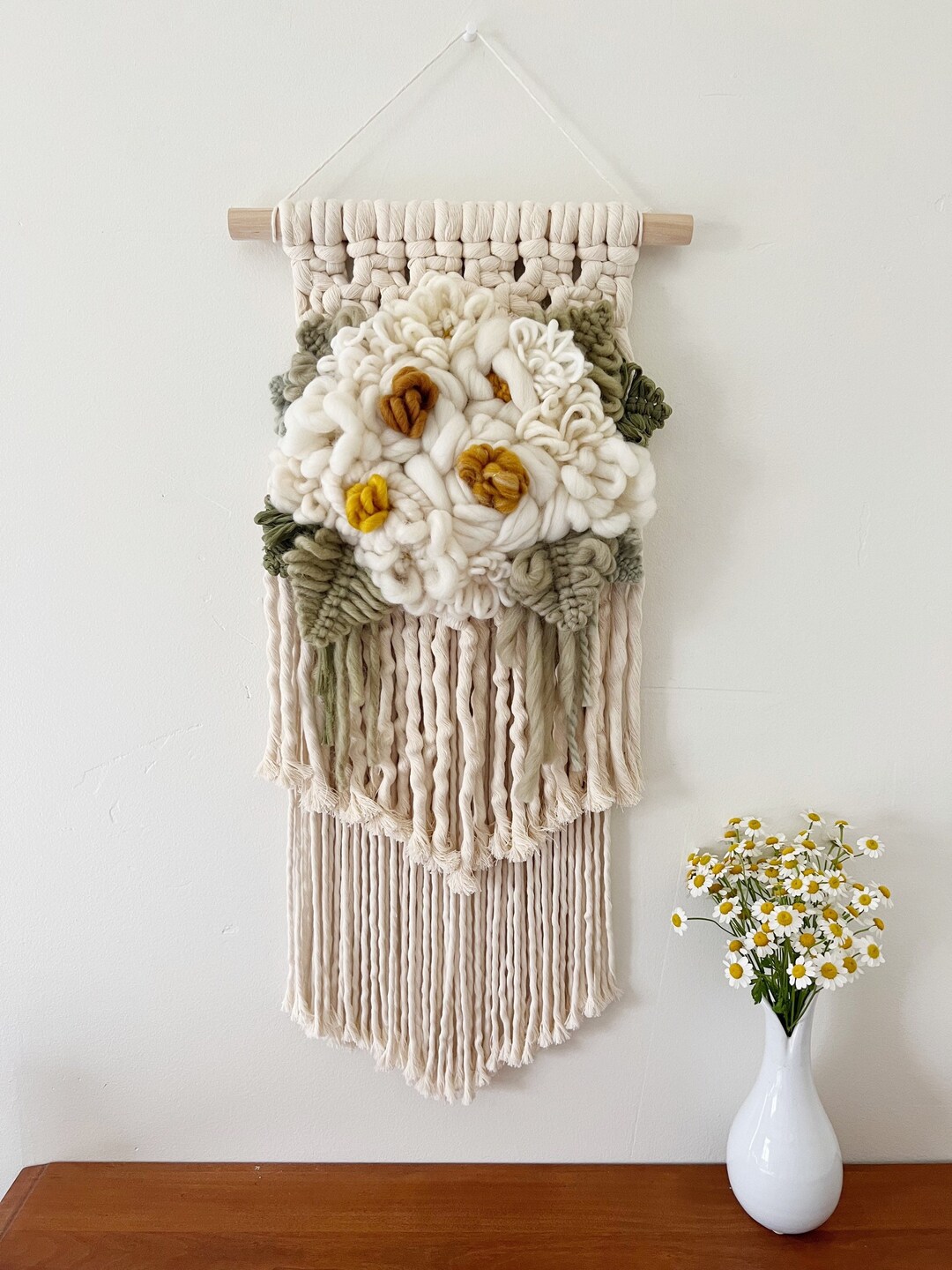White Floral Macrame Wall Hanging Statement Piece Neutral Etsy