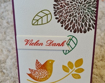 Danksagungskarte " Vielen Dank " Vogel , Blüten , Blätter