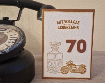 Geburtstagskarte / 70ziger / Whiskeyflasche Geschenk / Geschenkideen / Motorrad Geburtstagskarte / Motoradfans Karte