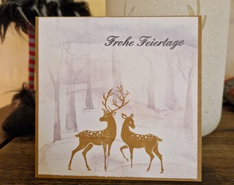 Weihnachtskarte - Wald mit 2 Hirschen - Frohe Feiertage