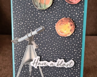 Invitation card " Have a blast " planet , telescope