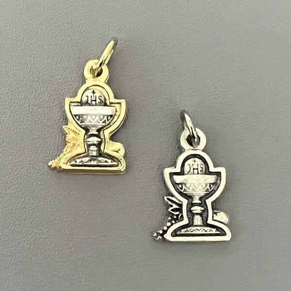 Silhouette Silver First Holy Communion CHALICE Charms ~ Gold 1st Communion Holy Medals for Rosary Pendant Necklaces ~  Lot 3 or 6  M202
