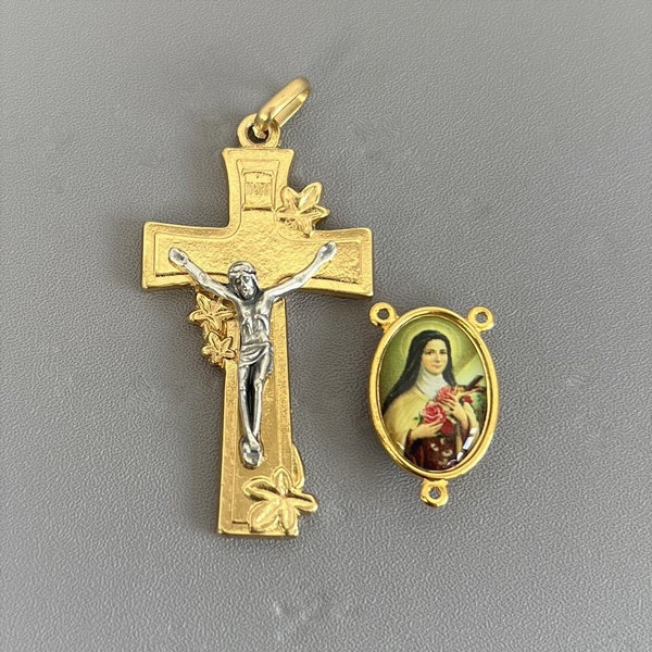 GOLD Lily Crucifix & Saint Therese Rosary Centerpiece / St. Therese little Flower Rosary Centers Gold Crucifix / Italian Rosaries parts