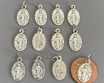 12 pieces SMALL Miraculous Medal Charms / Virgin Mary Charm / Madonna Charm / Silver Miraculous Medal Pendant / Italian Rosary Parts Jewelry