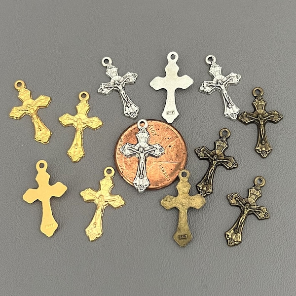 12 Tiny GRAPE Silver Crucifix Charms Pendants ~ Bronze GOLD Cross Charm 3/4"  Christian Jewelry Crucifix Necklace Rosary Bracelets ITALIAN