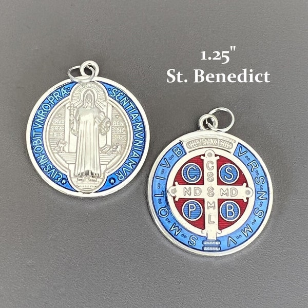 Large 1.25" Blue & Red Saint BENEDICT Medal / Silver St Benedict Holy Medals Charms for Necklace Pendant / Patron saint Protection Evil