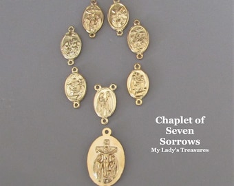 Italy 8pc SET Seven Sorrows of Mary Rosary Chaplet Medals/ GOLD Setti Dolori Servite Rosary Medals / 7 Sorrow medals Italian Rosary Parts