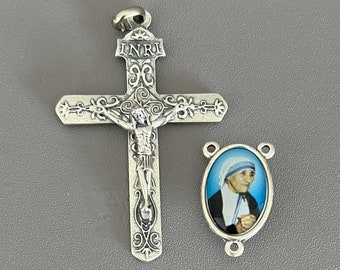 ITALY Heavy Silver Rosary Crucifix & Saint MOTHER Teresa Centerpiece / Mother Teresa Center with 2" Large Crucifix / Italian Rosary Part