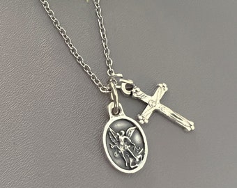 TINY St. MICHAEL Medal Pendant Necklace Patron Protection / 16 or 18&quot; Chain ITALY Dainty Small Saint Michael Archangel Pendant w/ Crucifix