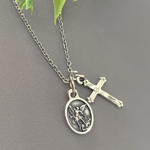 TINY St. MICHAEL Medal Pendant Necklace Patron Protection / 16 or 18" Chain ITALY Dainty Small Saint Michael Archangel Pendant w/ Crucifix