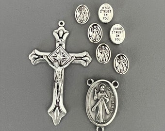SILVER 8pc Jesus Divine MERCY Rosary Set / Saint Sister Faustina Center Centerpiece / Divine Mercy Pater Our Father Bead ITALIAN Rosary Part
