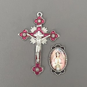 Rhinestone PINK Rosary Crucifix & Virgin Mary Rosary Centerpiece / 2" Crucifix Cross Silver Virgin Mary Madonna Centers Rosaries parts