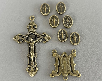 BRONZE 8pc Miraculous Medal Rosary Crucifix & Center / Miraculous Medal Centerpiece / Pater Our Father Beads / ITALIAN Rosaries Parts