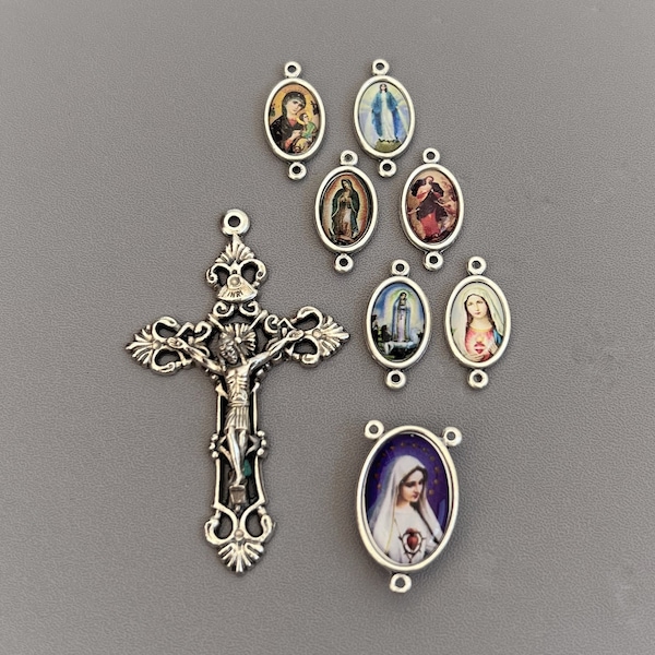 ITALY Mixed Virgin Mary Rosary Centerpiece Rosary Crucifix ~ 8pc Rosary Set ~ Guadalupe Miraculous Medal Fatima Pater Our Father Beads