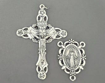 Deluxe ITALY Ornate Silver Rosary Crucifix & Miraculous Medal Centerpiece / Miraculous Medal Center Large Crucifix / Italian Rosary Parts