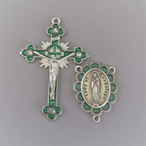 Rhinestone GREEN Rosary Crucifix & Lady of GUADALUPE Rosary Centerpiece / 2" Crucifix Cross Silver Virgin de Guadalupe Centers Rosaries part