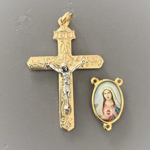 ITALY Heavy Gold Rosary Crucifix & Immaculate Heart Mary Centerpiece / Sacred Heart JESUS Center with Large Crucifix / Italian Rosary Parts