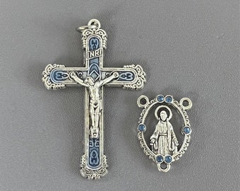 Light BLUE Rosary Crucifix & Rhinestone Virgin Mary Rosary Centerpiece / 2" Crucifix Cross Silver Miraculous Medal Centers Rosaries parts