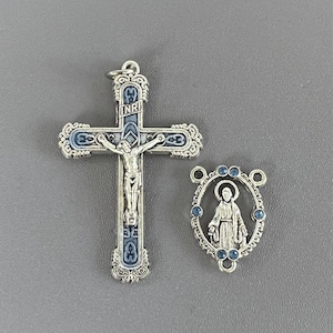 Light BLUE Rosary Crucifix & Rhinestone Virgin Mary Rosary Centerpiece / 2" Crucifix Cross Silver Miraculous Medal Centers Rosaries parts