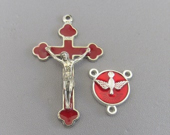 Small RED Confirmation Rosary Centerpiece & Rosary Crucifix / Red Cross / Holy Spirit DOVE Centers / Confirmation Italian Rosaries parts