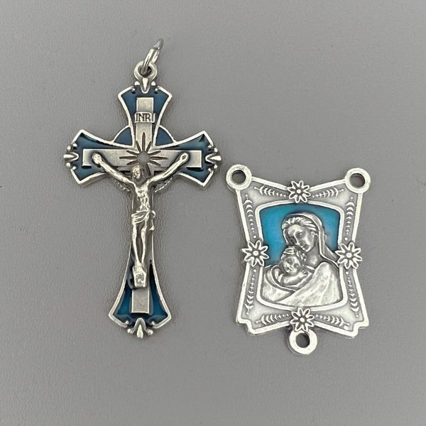 Italy BLUE Rosary Crucifix & Madonna and Child Rosary Centerpiece Large Crucifix Cross Silver Virgin Mary Centers Rosaries parts