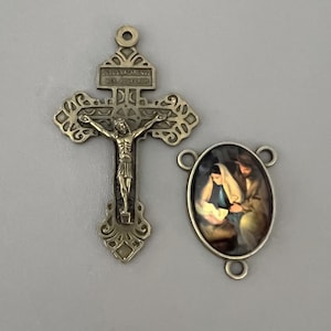 Bronze Pardon Rosary Crucifix & NATIVITY Rosary Centerpiece / Large Crucifix Cross with Bronze Christmas Center / Italian Rosary Parts