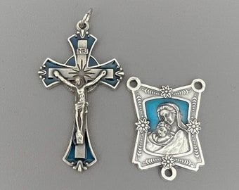 Italy BLUE Rosary Crucifix & Madonna and Child Rosary Centerpiece Large Crucifix Cross Silver Virgin Mary Centers Rosaries parts